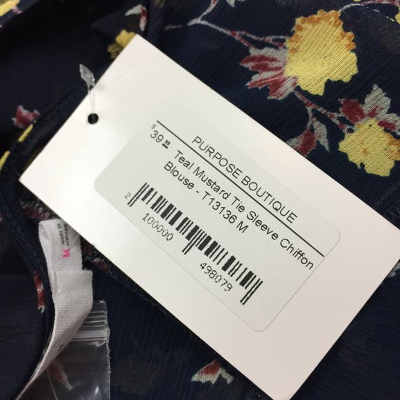 New! Lush Blouse Top Size M Black Yellow Floral Print Sheer Chiffon Long Sleeve - Picture 10 of 15